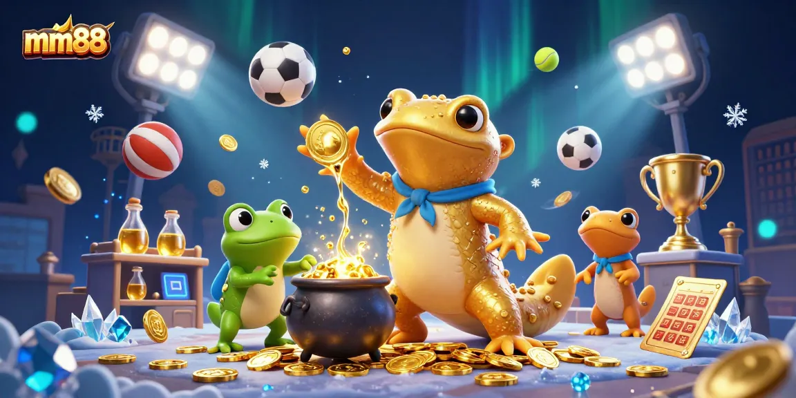 Experience the excitement of mm88 as golden coins and sports elements come to life in this vibrant 3D casino scene.
