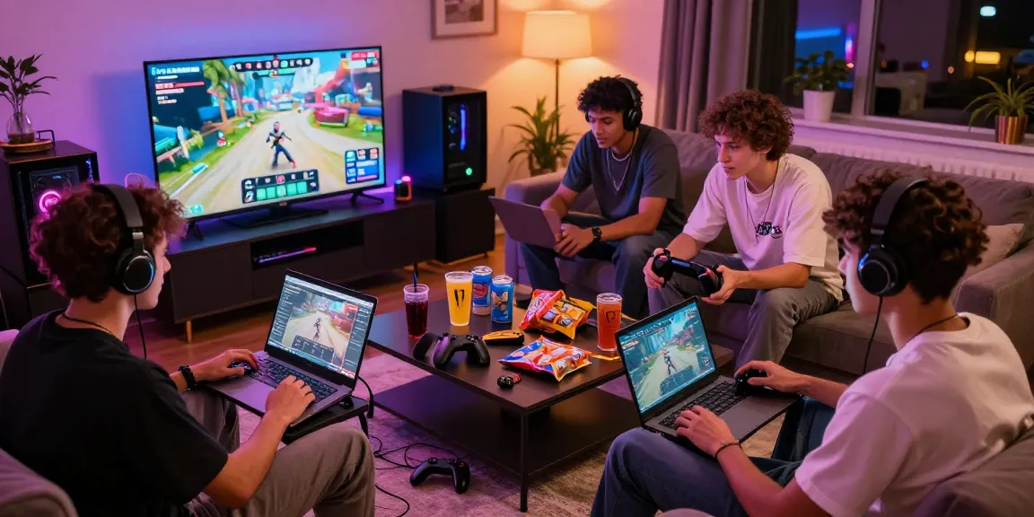 Engaging rokok88 gaming scene with young men enjoying interactive play in a stylish environment.