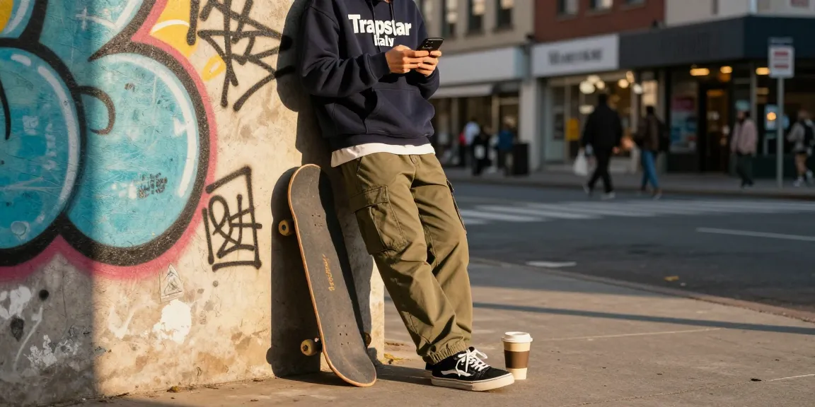 Scopri l'abbigliamento streetwear alla moda di Trapstar Italy, con outfit trendy in un contesto urbano.