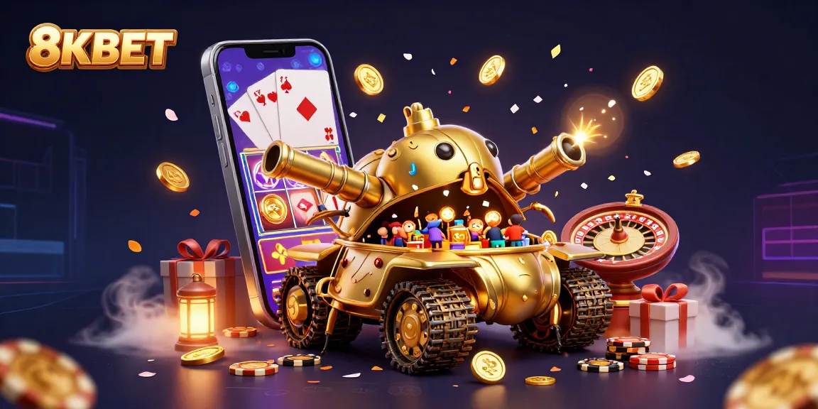 Experience 8KBET's exciting mini casino scene featuring a golden tank and vibrant game elements.