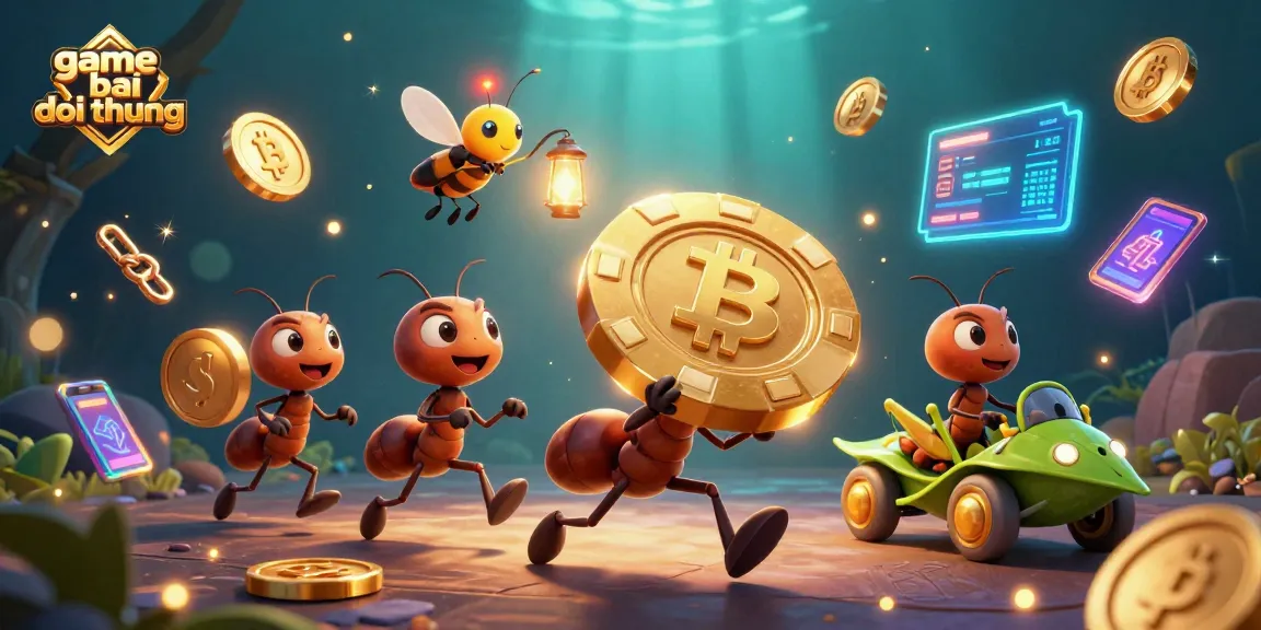 Experience thrilling moments in game bai doi thuong action with cartoon ants carrying giant poker chips.