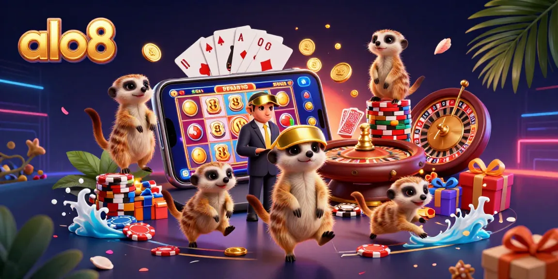alo8 showcases a vibrant casino scene with meerkats as dealers, embodying dynamic gaming excitement.