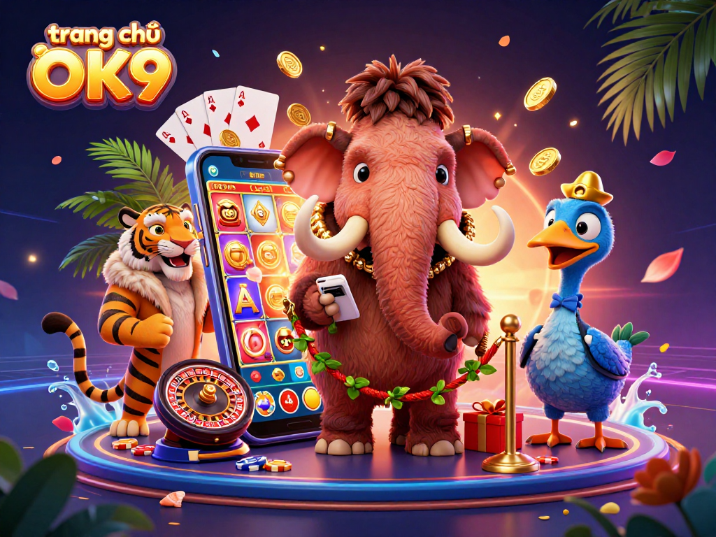 Win big at trang chủ OK9 with a vibrant scene featuring a woolly mammoth bouncer, a saber-tooth tiger guest, and gaming elements.
