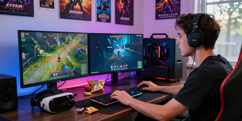 Gamer enjoying an immersive experience on EE88 platform with dual monitors and vibrant graphics.
