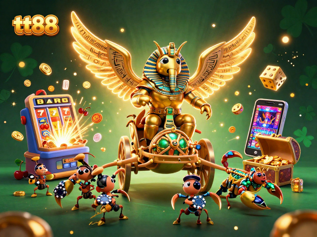 Engage in thrilling gameplay at tt88 with a dazzling casino scene featuring a golden beetle and jackpot excitement.