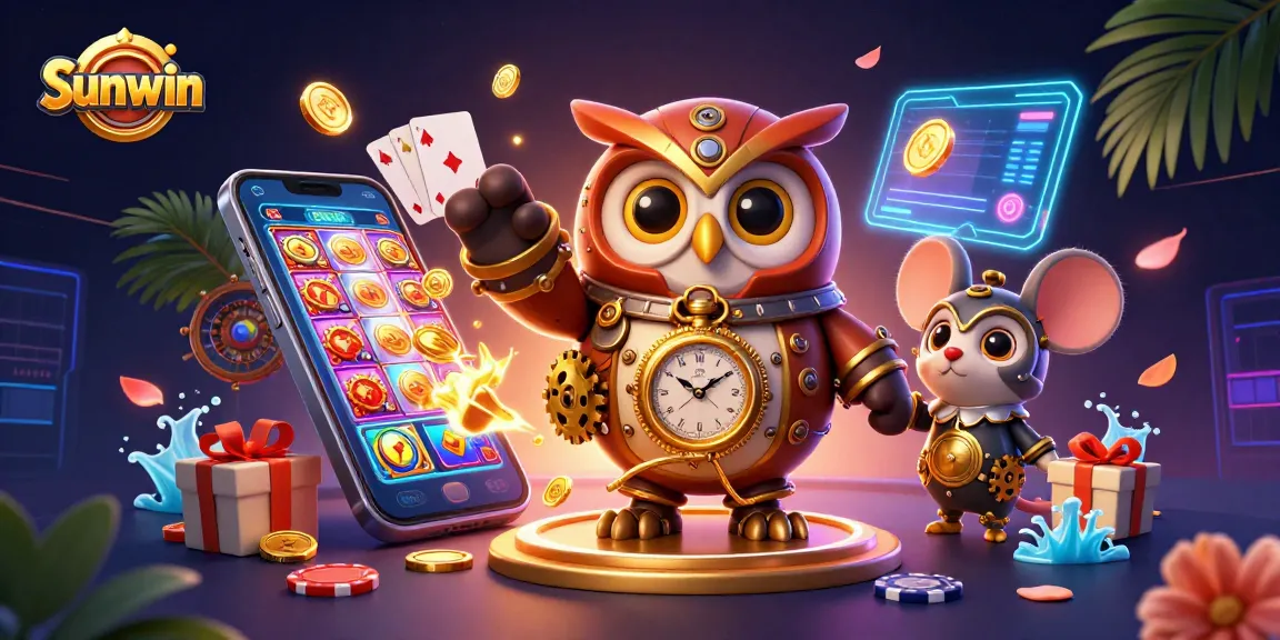 Sunwin showcases exciting slot games with colorful 3D visuals and a steampunk owl character.