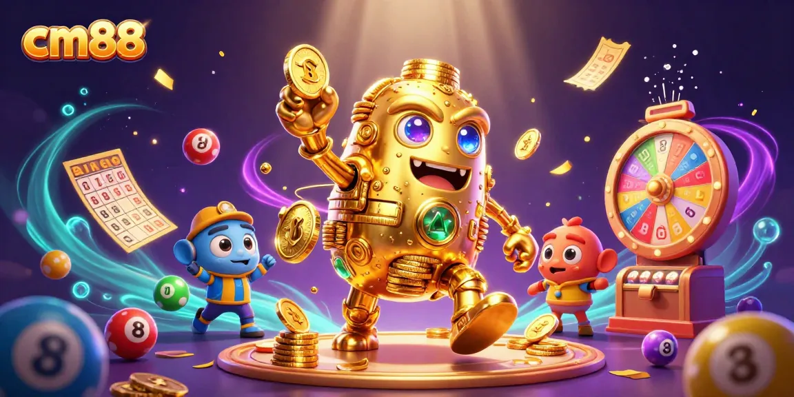 Spin the reels and win at cm88 with colorful lottery balls and gold coins bursting around a golden golem.