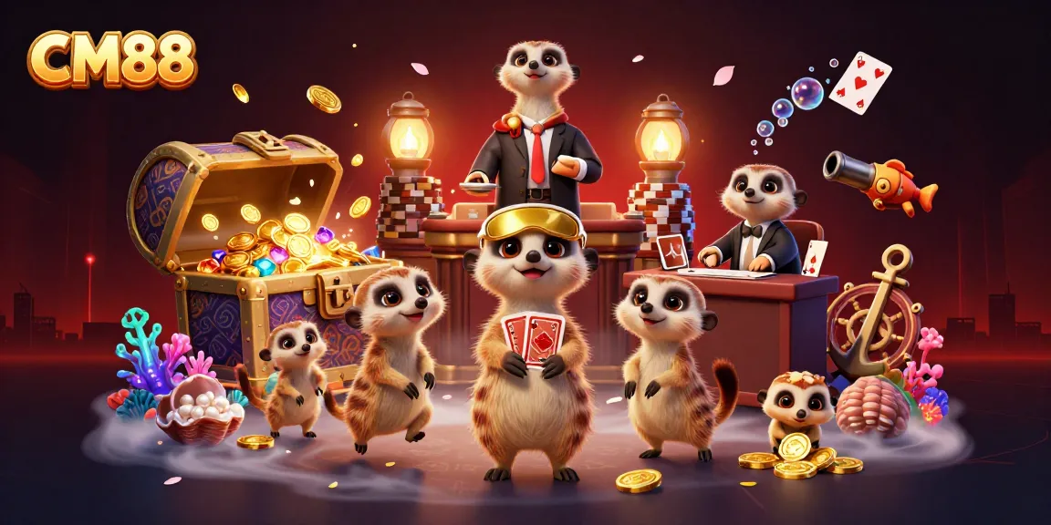 CM88 meerkats run a vibrant casino, surrounded by dynamic game elements and glowing treasures.