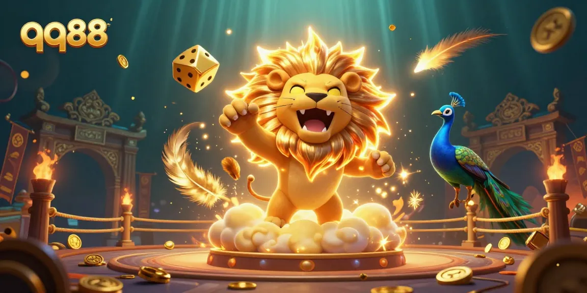Experience thrilling moments at qq88 with a majestic sun lion and golden elements in an exciting casino scene.