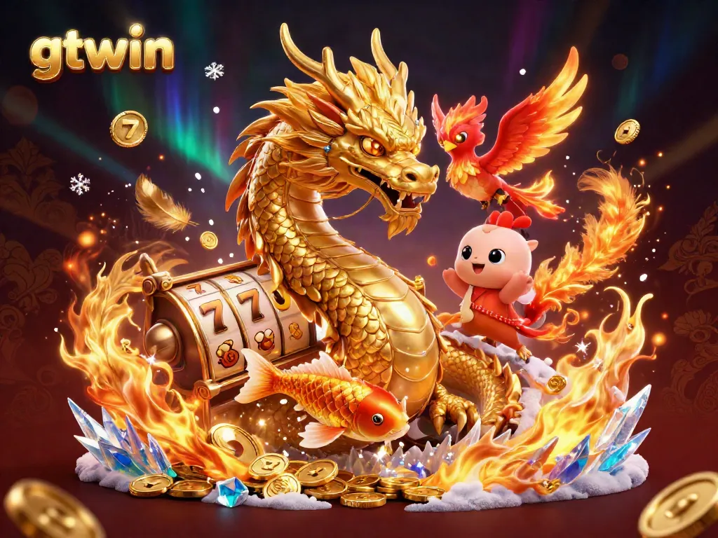 Experience exciting gameplay with GTWIN's vibrant casino illustration featuring a dragon, phoenix, and koi fish.