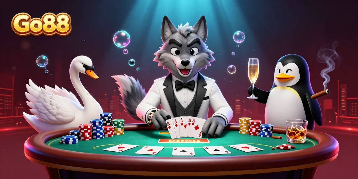 Go88 presents a thrilling baccarat scene with characters immersed in high-stakes gaming excitement.