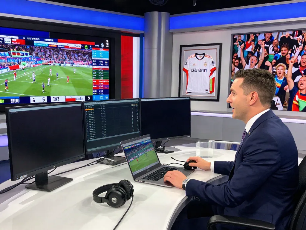 Dynamic sports broadcasting scene showcasing xoilactv with live football coverage and energetic commentators