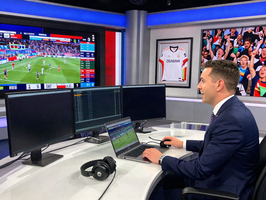 Dynamic sports broadcasting scene showcasing xoilactv with live football coverage and energetic commentators