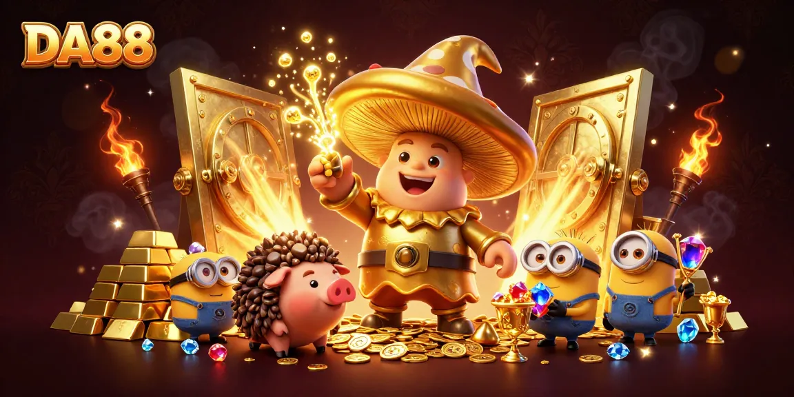 DA88 offers exclusive treasures as the golden mushroom wizard opens the vault, revealing gems and riches.