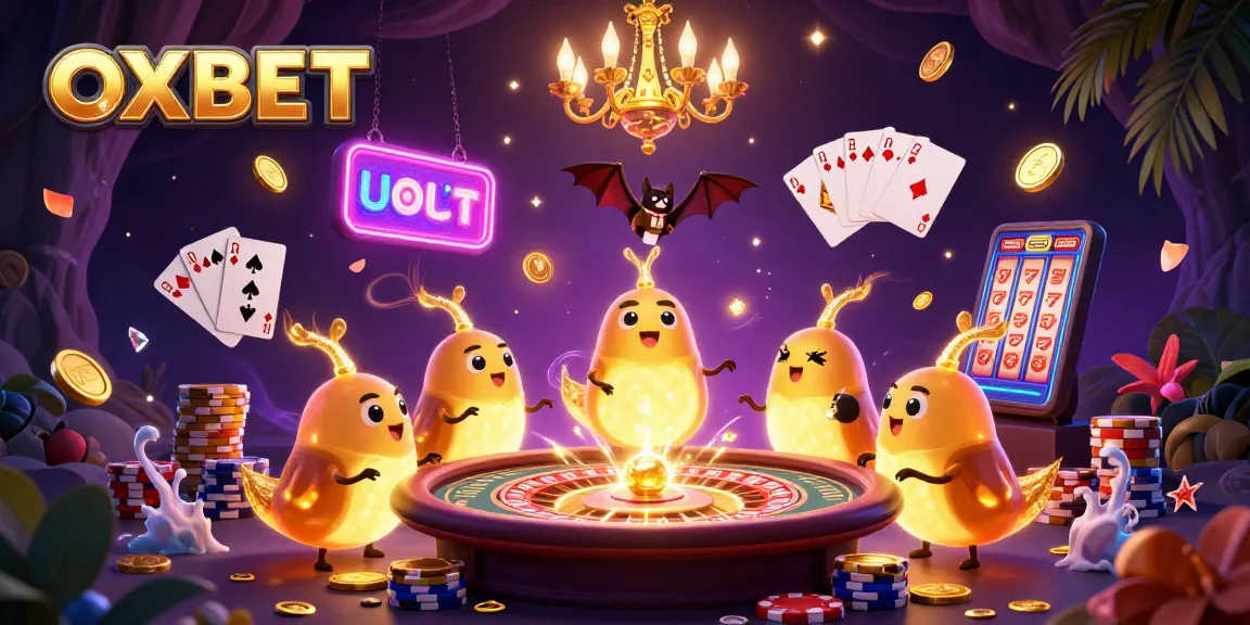 Experience the vibrant OXBET casino scene with glowworms, golden coins, and a playful bat dealer lighting up the game atmosphere.