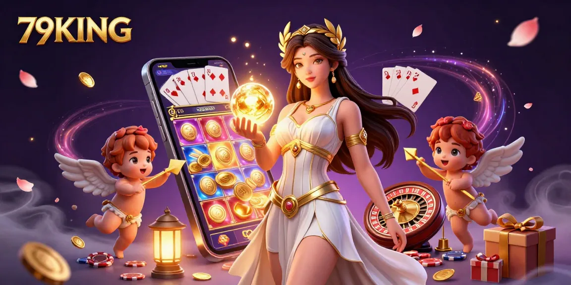 79KING features a striking casino scene with stunning goddess and Cupid cherubs surrounded by vibrant slot game elements.