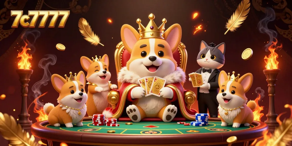 Engage with the thrilling 7c7777 poker scene featuring a royal corgi and dynamic gaming elements.