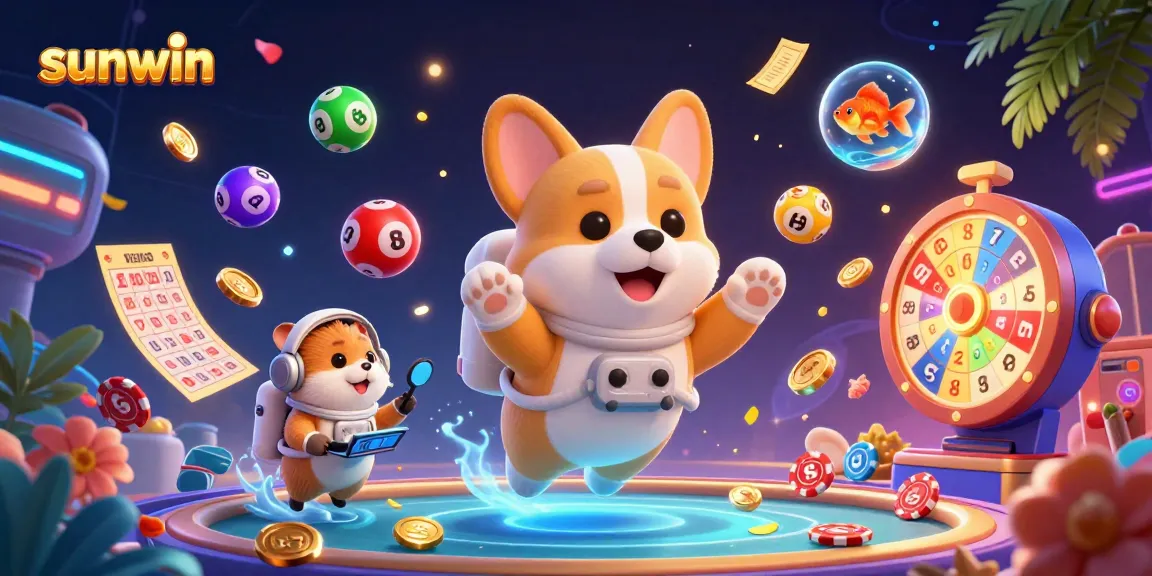 Engage with sunwin's vibrant casino scene featuring floating characters and dynamic gaming elements.