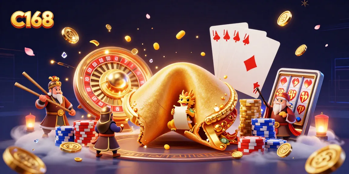 C168 showcases a vibrant 3D casino scene with golden fortune cookie, casino elements, and dynamic light effects.
