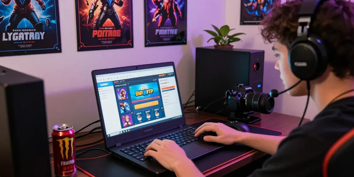 Engaged player exploring rokok88 rtp gaming interface in a vibrant online gambling nook.