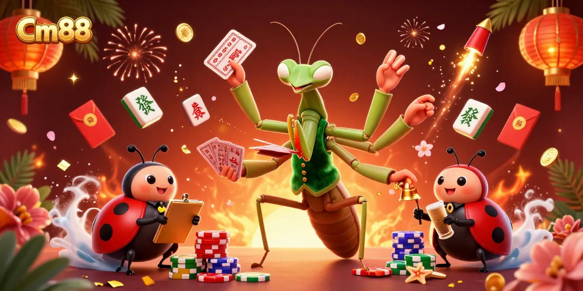 Cm88 showcases a vibrant casino scene with a giant praying mantis card sharp and a ladybug pit boss, capturing the thrill of gaming.