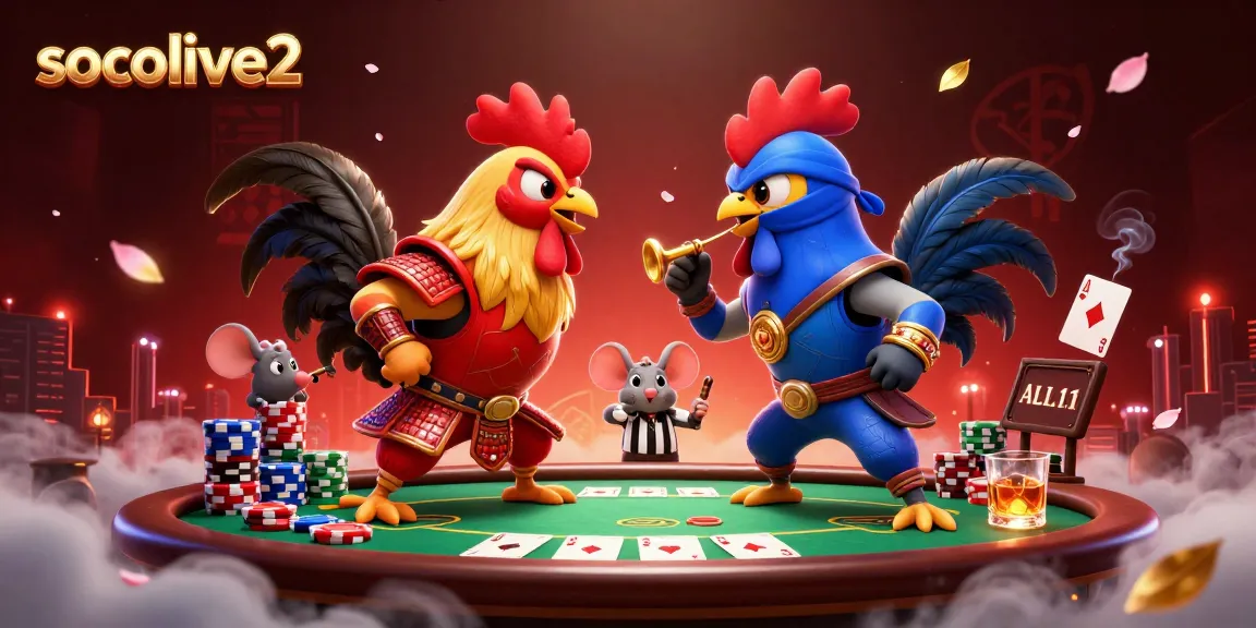 Socolive2 showcases a dynamic standoff between samurai and ninja roosters at a vibrant poker scene.
