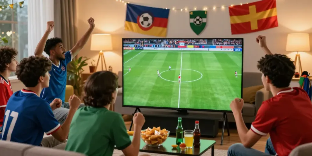 Excited friends enjoying ThapcamTV live football match together.