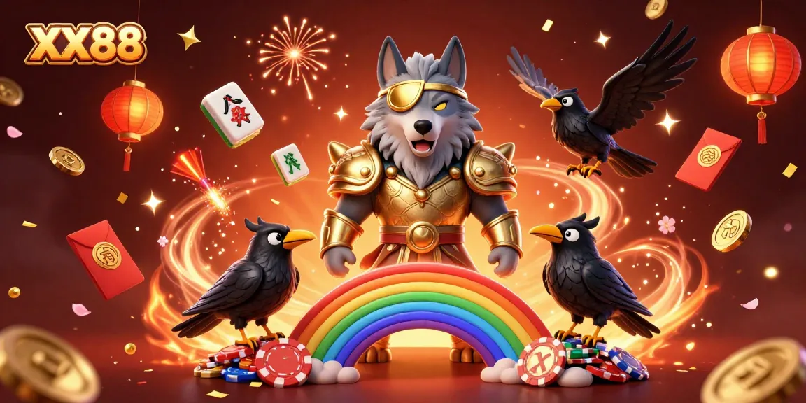 Engage in epic gaming at XX88 with Odin and his ravens amid a vibrant casino-themed illustration.