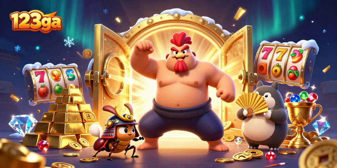 Engage with 123ga's thrilling casino scene featuring a dynamic sumo rooster, cricket warrior, and tanuki announcer.