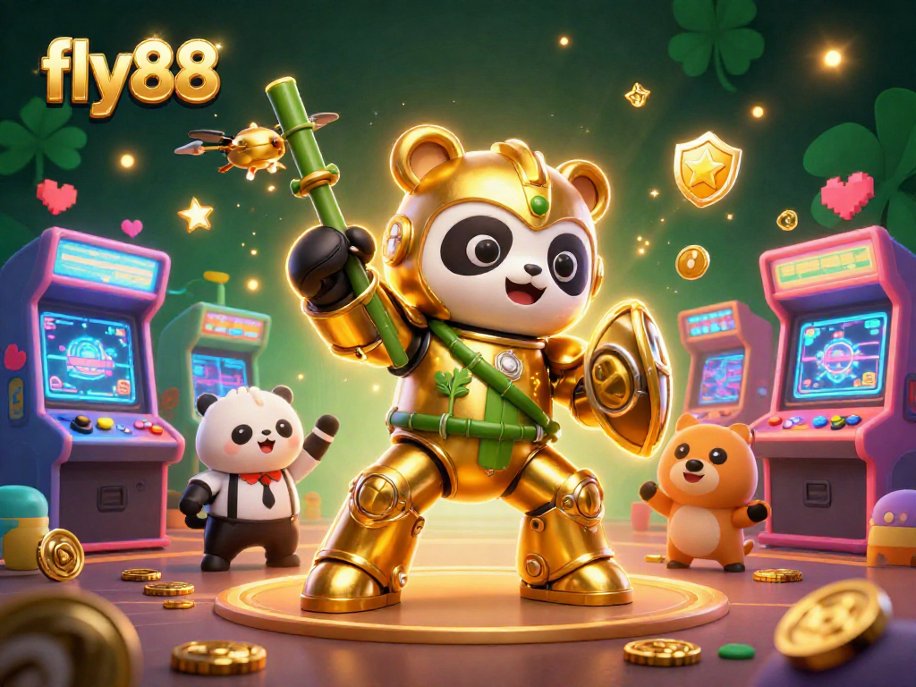 Experience the excitement of fly88 with a vibrant gambling scene featuring a panda in a mech suit and lively game elements.
