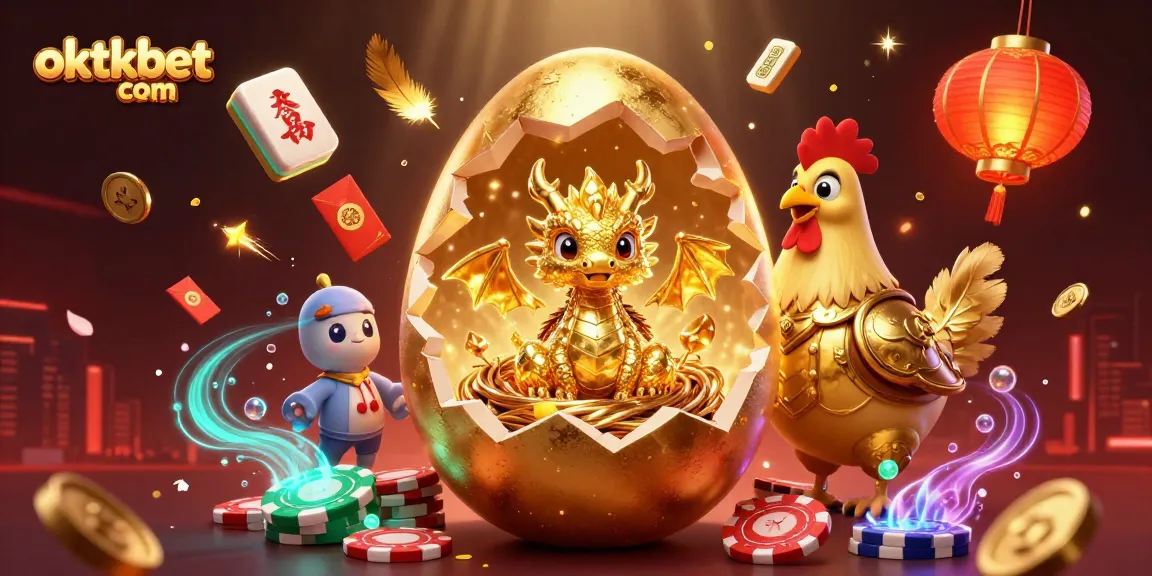 Join the excitement of oktkbet com with a vibrant illustration of poker chips, golden dragons, and glowing lanterns.