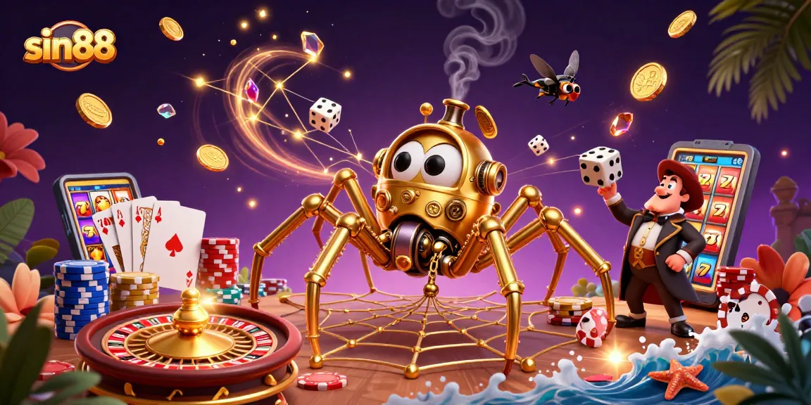 Experience the thrilling gameplay of sin88 with a steampunk spider and dynamic casino elements.