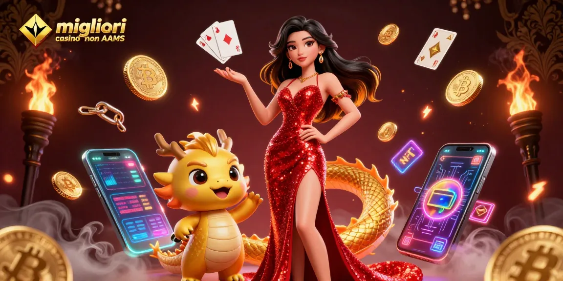 Immergiti nell'energica atmosfera dei migliori casino non AAMS con personaggi eleganti tra elementi di gioco vibranti.