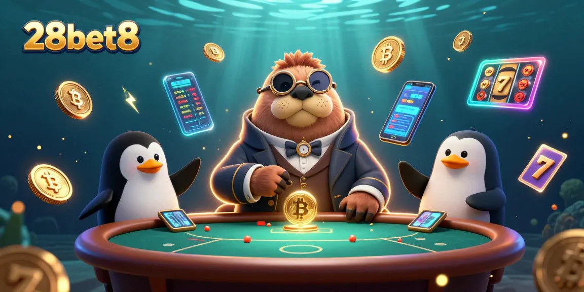 Experience thrilling gameplay at 28bet8 with a vibrant underwater poker scene featuring a walrus, penguin dealer, and pufferfish.