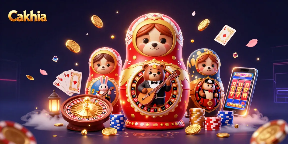 Engage with Cakhia's vibrant casino experience featuring 3D Matryoshka bears and interactive elements.