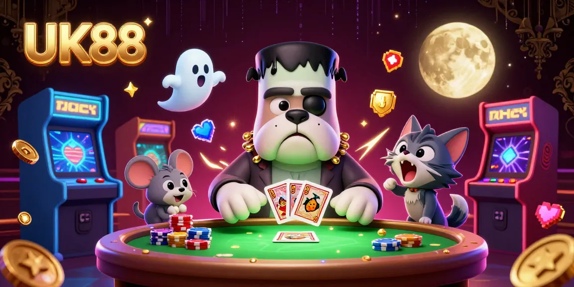 UK88 gaming scene with cartoon characters engaging at a casino table in a spooky atmosphere.