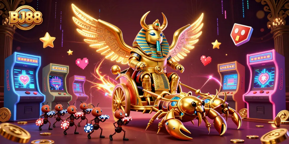 Experience thrilling gameplay with BJ88, featuring a dynamic 3D illustration of a colossal beetle and scorpions in a vibrant casino