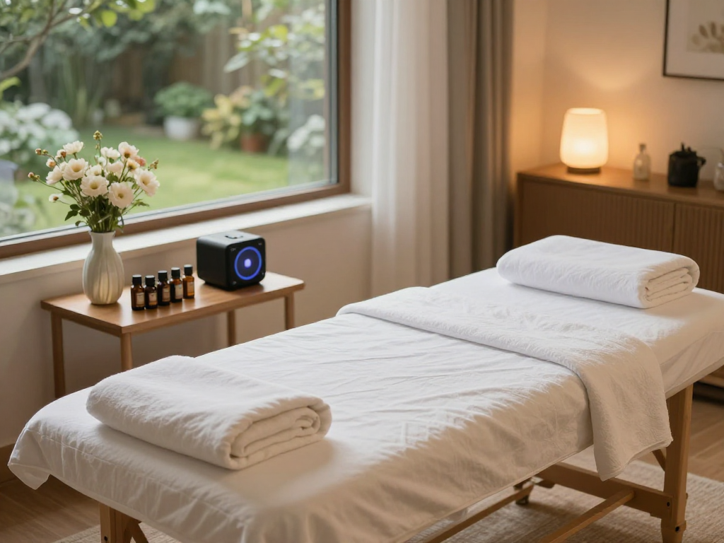 Enjoying 출장마사지 in a serene home spa setup with calming elements and fresh flowers.