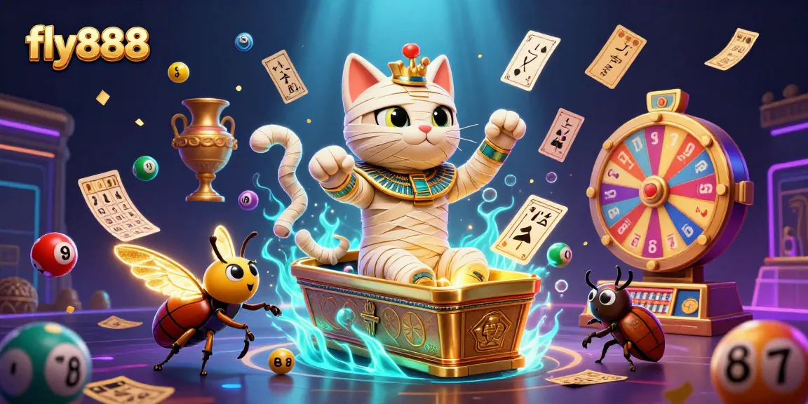 Fly888 illustrates a vibrant casino scene with a mummy cat and scarab, celebrating wins with colorful lottery elements.