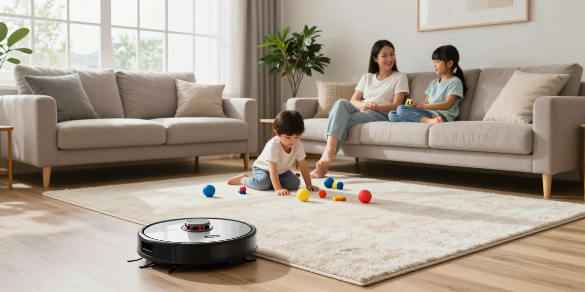 Robot vacuum efficiently cleaning a modern living room, showcasing the best robot vacuum 2026.