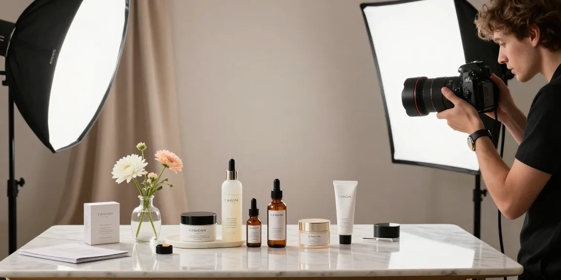 Vetrina di fotografia prodotti milano con allestimento professionale, articoli per la cura della pelle eleganti catturati in ambiente studio.