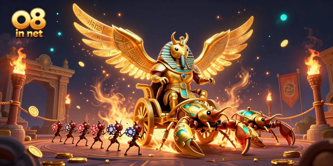 Experience the excitement of o8 in net with this vibrant casino-themed illustration featuring a golden scarab beetle and scorpions.