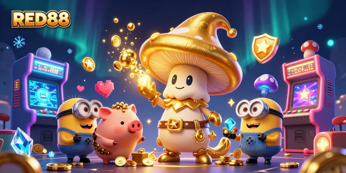 Experience magical gaming with RED88, a golden mushroom wizard and treasure in an enchanting casino scene.