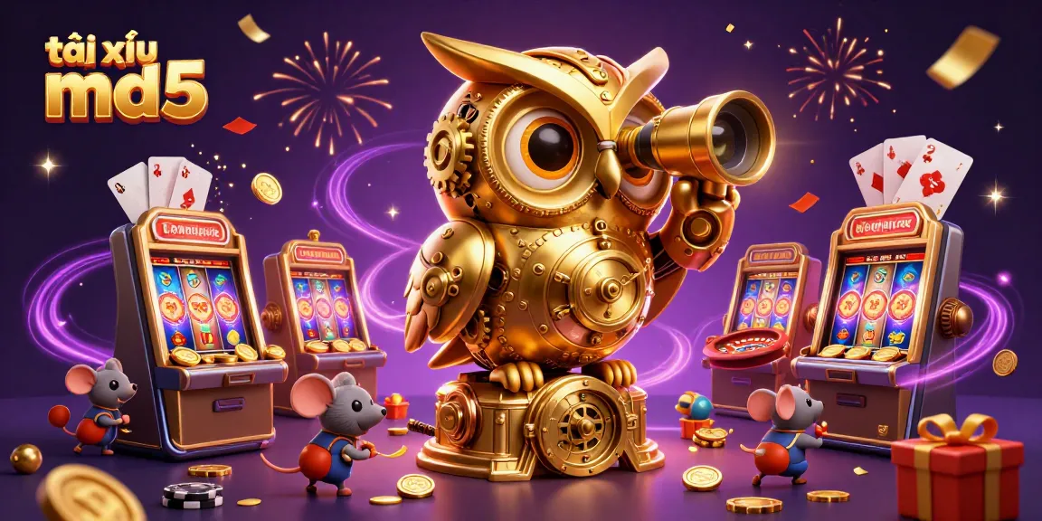 Experience the excitement of tài xỉu md5 with a playful golden owl overseeing animated casino action featuring colorful slot games and lucky patrons.