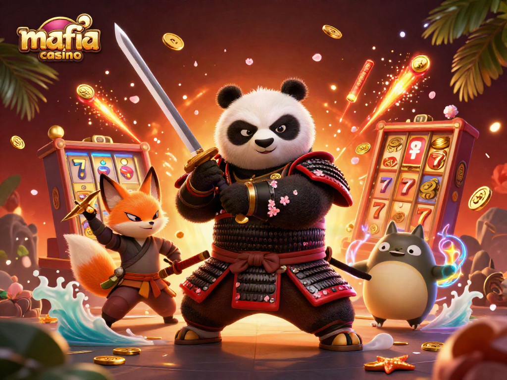 Spin the reels at mafia casino with a cartoon samurai, ninja, and magical tanuki.