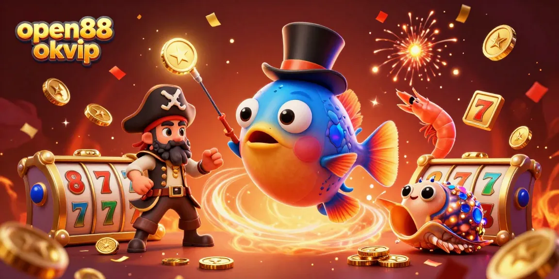 The vibrant open88 okvip scene showcases a 3D anglerfish attracting coins amidst slot reels and festive elements, engaging players in dynamic casino action.