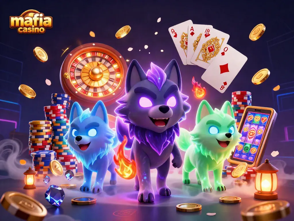Mafia Casino scene with glowing wolves, immersive gaming elements, and vibrant casino atmosphere.
