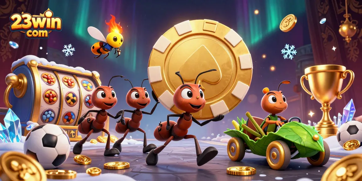 Engage with thrilling gameplay at 23win com, highlighting ants carrying a giant poker chip through a vibrant casino scene.