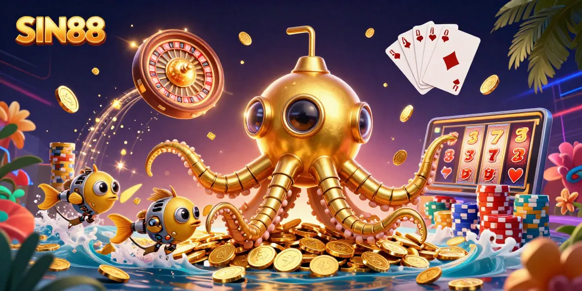 SIN88's vibrant venture into gambling, showcased through a dynamic mix of casino elements and character art.