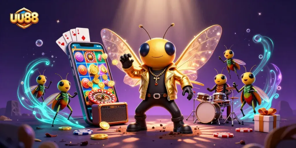 Experience exciting games and vibrant casino fun with uu88 in a thrilling illustrated scene.